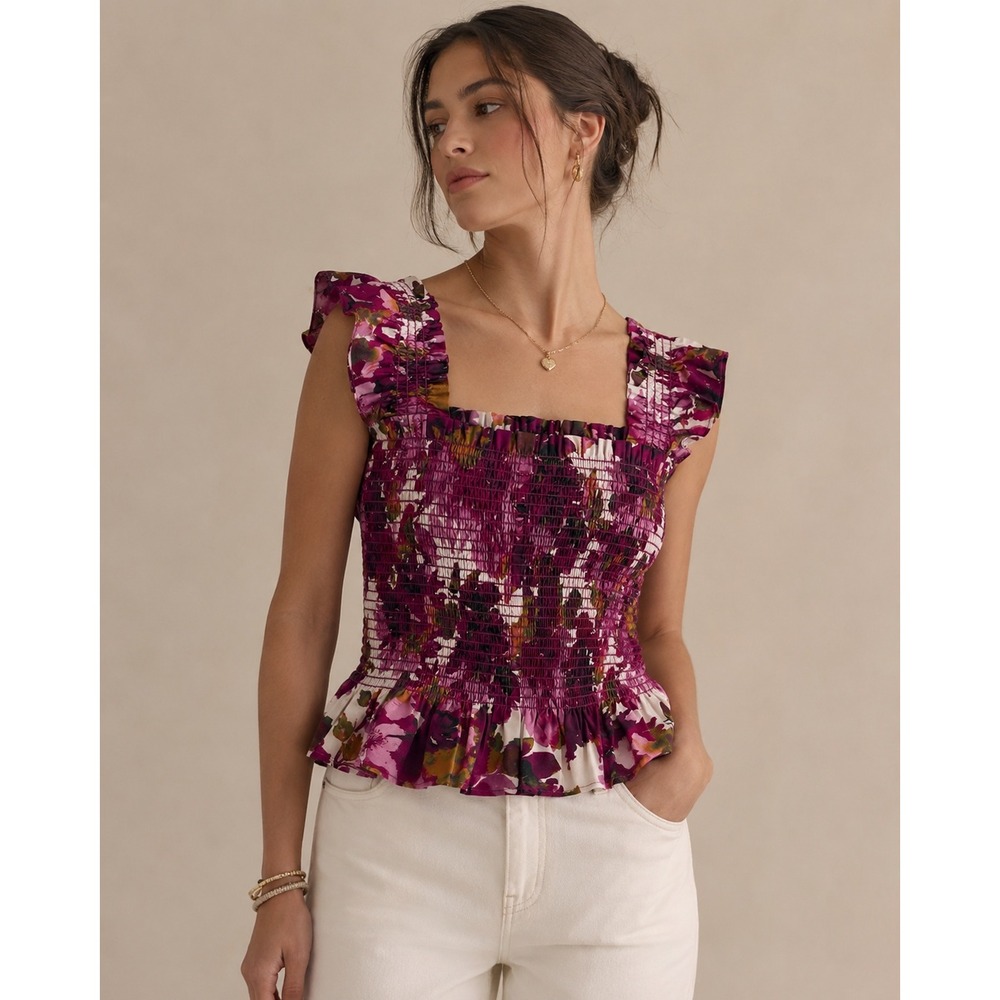 Few‎ Moda New York Purple Floral Smocked Peplum Top Ruffle Strap Cotton Blouse L